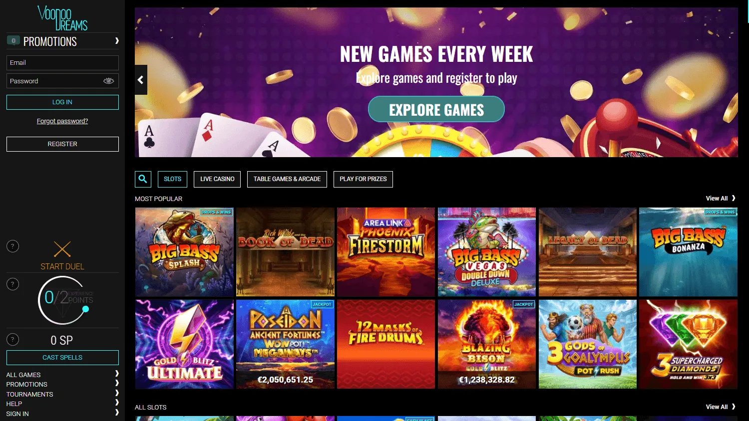 Voodoo Casino desktop home screen