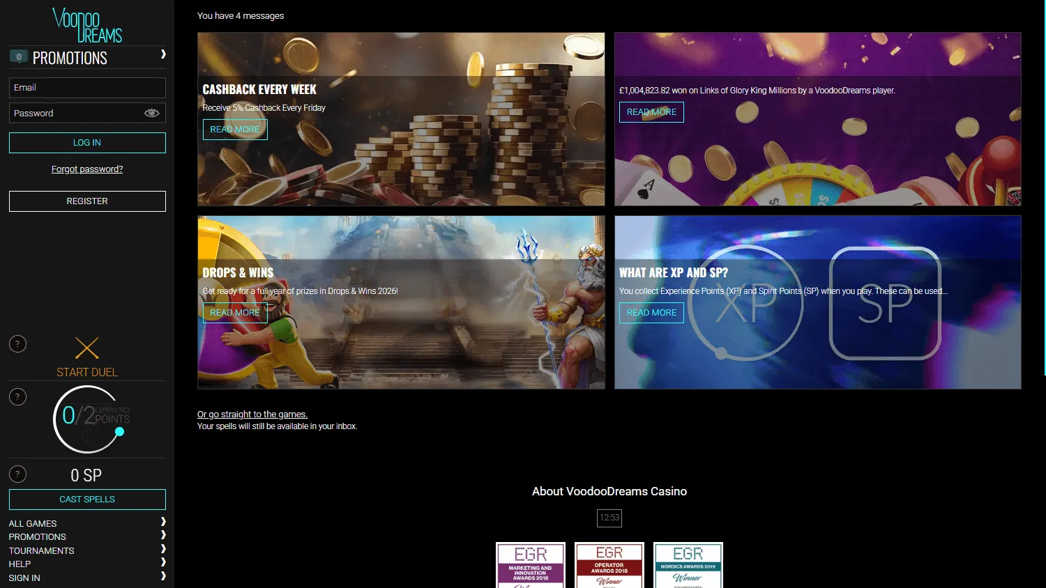 Voodoo Casino desktop promotions screen with the welcome offer